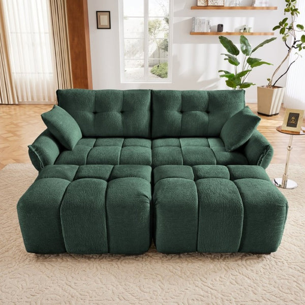 English Elm 2 Seater Chenille Sofa with Ottomans and Pillows Tufted Arms Sage Green Living Room W714S02033