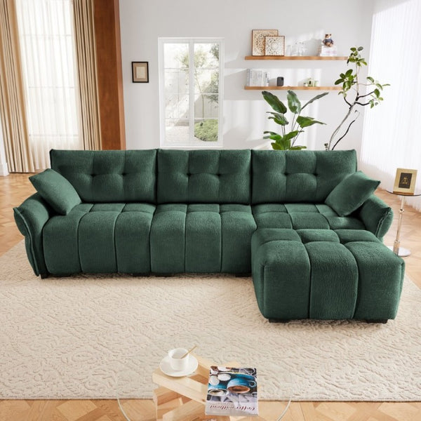 English Elm Three Seater Chenille Sofa Set with Ottoman Tufted Arms Solid Wood Base Sage Lounge W714S02035