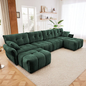 English Elm 4-Seater Chenille Sofa Set with Tufted Arms Solid Wood Frame and Two Matching Ottomans W714S02039