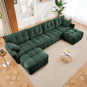 English Elm 4-Seater Chenille Sofa Set with Tufted Arms Solid Wood Frame and Two Matching Ottomans W714S02039