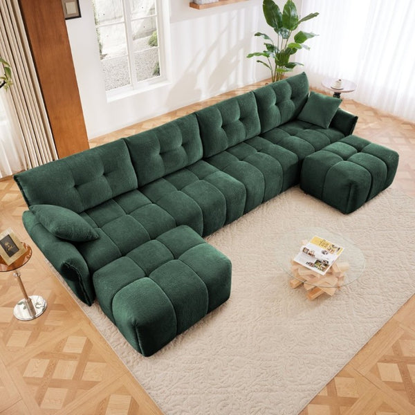 English Elm 4-Seater Chenille Sofa Set with Tufted Arms Solid Wood Frame and Two Matching Ottomans W714S02039