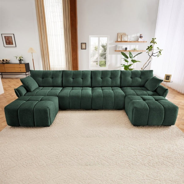 English Elm 4-Seater Chenille Sofa Set with Tufted Arms Solid Wood Frame and Two Matching Ottomans W714S02039