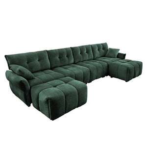 English Elm 4-Seater Chenille Sofa Set with Tufted Arms Solid Wood Frame and Two Matching Ottomans W714S02039