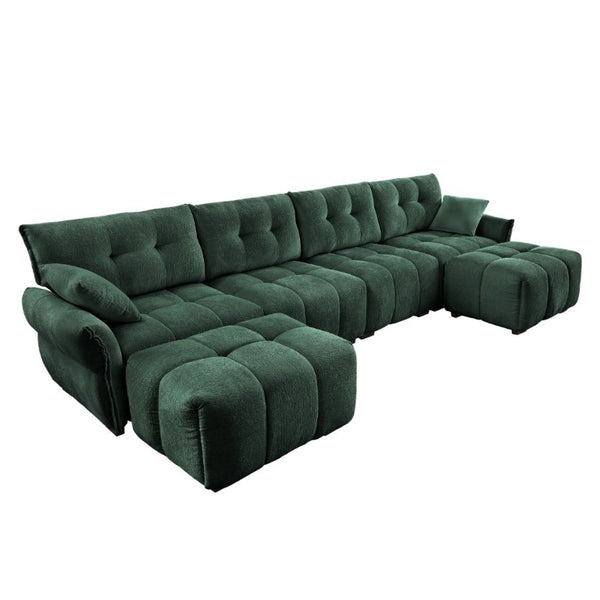English Elm 4-Seater Chenille Sofa Set with Tufted Arms Solid Wood Frame and Two Matching Ottomans W714S02039