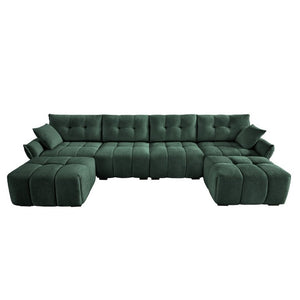 English Elm 4-Seater Chenille Sofa Set with Tufted Arms Solid Wood Frame and Two Matching Ottomans W714S02039