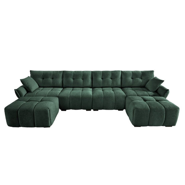 English Elm 4-Seater Chenille Sofa Set with Tufted Arms Solid Wood Frame and Two Matching Ottomans W714S02039