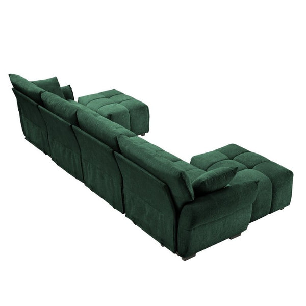 English Elm 4-Seater Chenille Sofa Set with Tufted Arms Solid Wood Frame and Two Matching Ottomans W714S02039