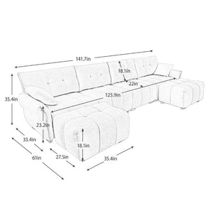 English Elm 4-Seater Chenille Sofa Set with Tufted Arms Solid Wood Frame and Two Matching Ottomans W714S02039