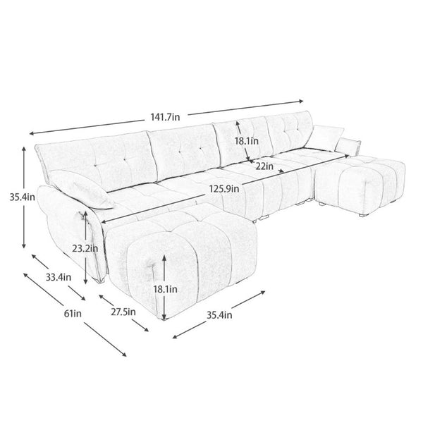 English Elm 4-Seater Chenille Sofa Set with Tufted Arms Solid Wood Frame and Two Matching Ottomans W714S02039