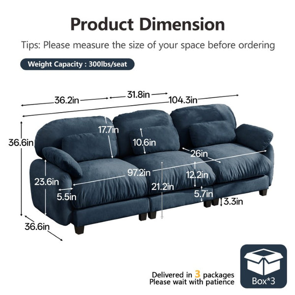 English Elm 3 Seater Chenille Modular Sofa Deep Cushioned Cloud Comfort for Modern Living Rooms Blue W714S02043
