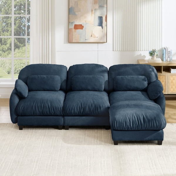 English Elm 3 Seat Modular Cloud Sectional Sofa with Movable Ottoman in Plush Chenille Fabric Blue W714S02044