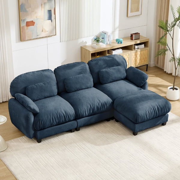 English Elm 3 Seat Modular Cloud Sectional Sofa with Movable Ottoman in Plush Chenille Fabric Blue W714S02044
