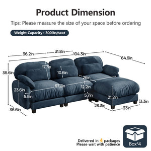 English Elm 3 Seat Modular Cloud Sectional Sofa with Movable Ottoman in Plush Chenille Fabric Blue W714S02044
