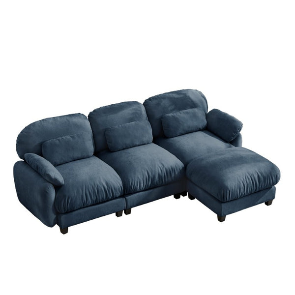 English Elm 3 Seat Modular Cloud Sectional Sofa with Movable Ottoman in Plush Chenille Fabric Blue W714S02044