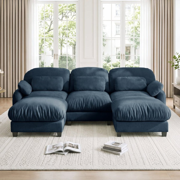 English Elm 3 Seater Chenille U-Shaped Modular Sofa with Removable Ottomans for Large Living Rooms Blue W714S02045