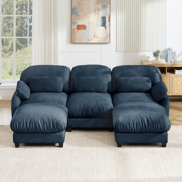 English Elm 3 Seater Chenille U-Shaped Modular Sofa with Removable Ottomans for Large Living Rooms Blue W714S02045
