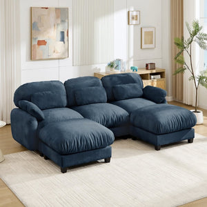 English Elm 3 Seater Chenille U-Shaped Modular Sofa with Removable Ottomans for Large Living Rooms Blue W714S02045