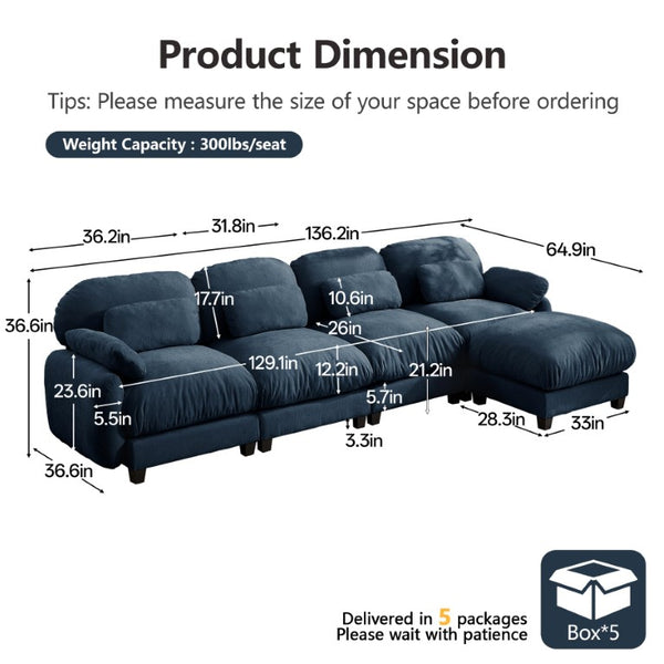 English Elm 4 Seat Modular Chenille Sectional Sofa with Detachable Ottoman for Modern Living Rooms Blue W714S02047