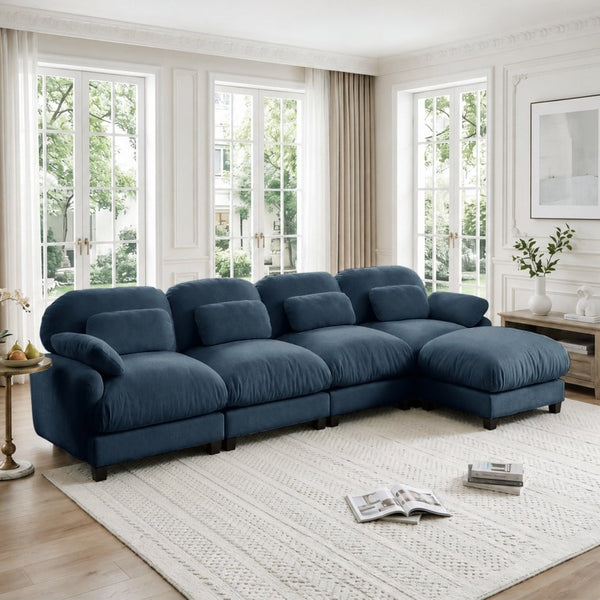 English Elm 4 Seat Modular Chenille Sectional Sofa with Detachable Ottoman for Modern Living Rooms Blue W714S02047