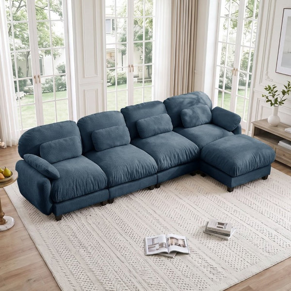 English Elm 4 Seat Modular Chenille Sectional Sofa with Detachable Ottoman for Modern Living Rooms Blue W714S02047