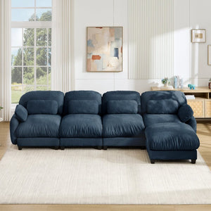 English Elm 4 Seat Modular Chenille Sectional Sofa with Detachable Ottoman for Modern Living Rooms Blue W714S02047