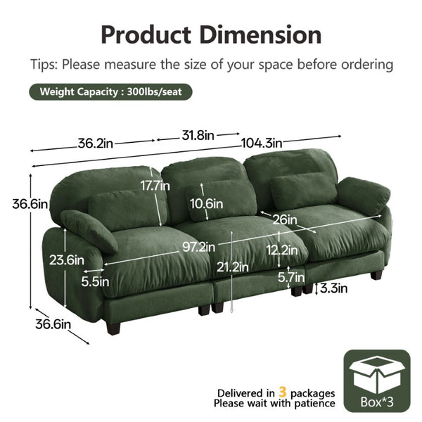 English Elm 3 Seater Chenille Modular Sofa Deep Cushioned Cloud Comfort for Modern Living Rooms Green W714S02052