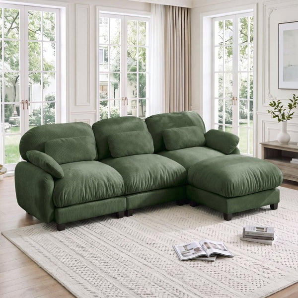 English Elm 3 Seat Modular Cloud Sectional Sofa with Movable Ottoman in Plush Chenille Fabric Green W714S02053