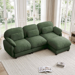 English Elm 3 Seat Modular Cloud Sectional Sofa with Movable Ottoman in Plush Chenille Fabric Green W714S02053