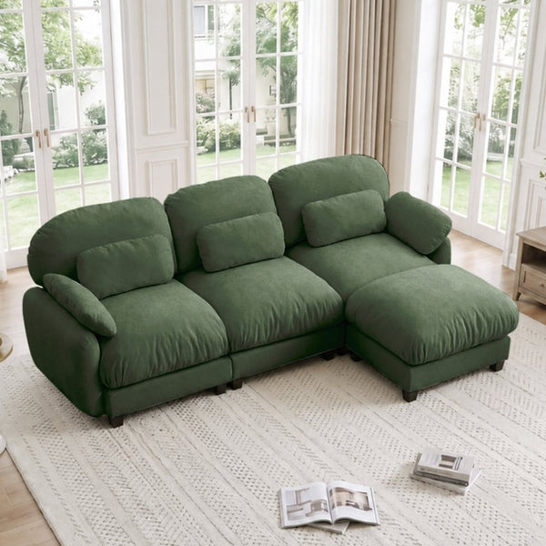 English Elm 3 Seat Modular Cloud Sectional Sofa with Movable Ottoman in Plush Chenille Fabric Green W714S02053