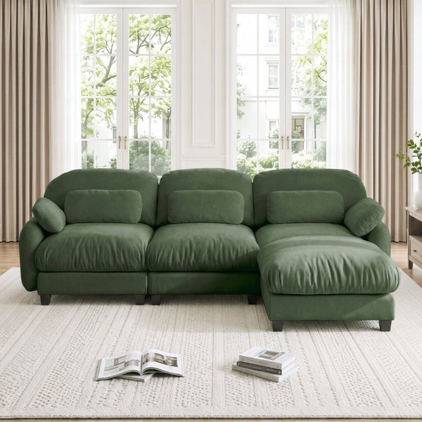 English Elm 3 Seat Modular Cloud Sectional Sofa with Movable Ottoman in Plush Chenille Fabric Green W714S02053