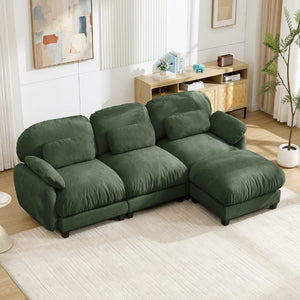 English Elm 3 Seat Modular Cloud Sectional Sofa with Movable Ottoman in Plush Chenille Fabric Green W714S02053