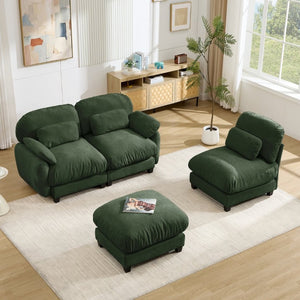 English Elm 3 Seat Modular Cloud Sectional Sofa with Movable Ottoman in Plush Chenille Fabric Green W714S02053