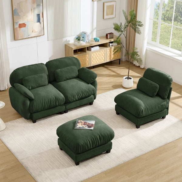 English Elm 3 Seat Modular Cloud Sectional Sofa with Movable Ottoman in Plush Chenille Fabric Green W714S02053