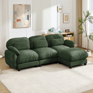 English Elm 3 Seat Modular Cloud Sectional Sofa with Movable Ottoman in Plush Chenille Fabric Green W714S02053