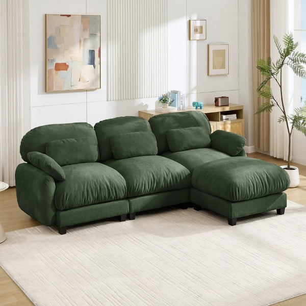 English Elm 3 Seat Modular Cloud Sectional Sofa with Movable Ottoman in Plush Chenille Fabric Green W714S02053