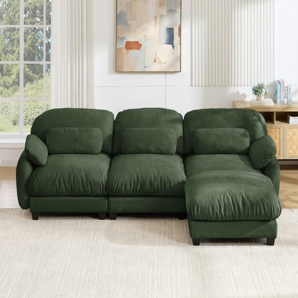 English Elm 3 Seat Modular Cloud Sectional Sofa with Movable Ottoman in Plush Chenille Fabric Green W714S02053
