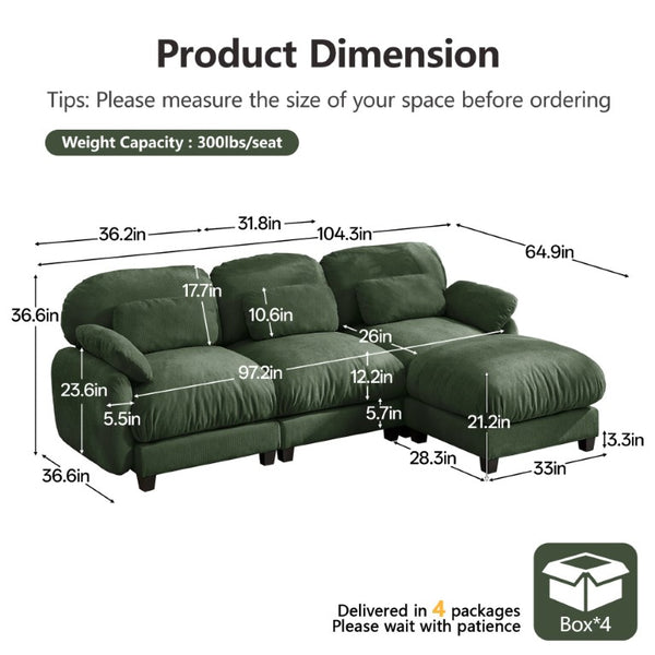 English Elm 3 Seat Modular Cloud Sectional Sofa with Movable Ottoman in Plush Chenille Fabric Green W714S02053