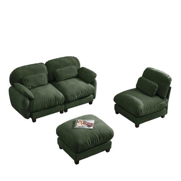 English Elm 3 Seat Modular Cloud Sectional Sofa with Movable Ottoman in Plush Chenille Fabric Green W714S02053