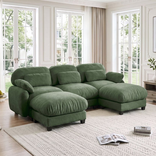 English Elm 3 Seater Chenille U-Shaped Modular Sofa with Removable Ottomans for Large Living Rooms Green W714S02054