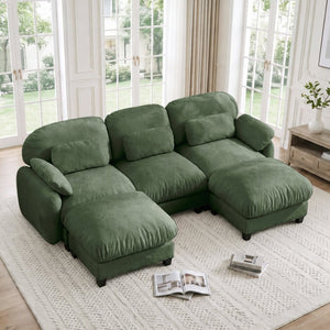 English Elm 3 Seater Chenille U-Shaped Modular Sofa with Removable Ottomans for Large Living Rooms Green W714S02054
