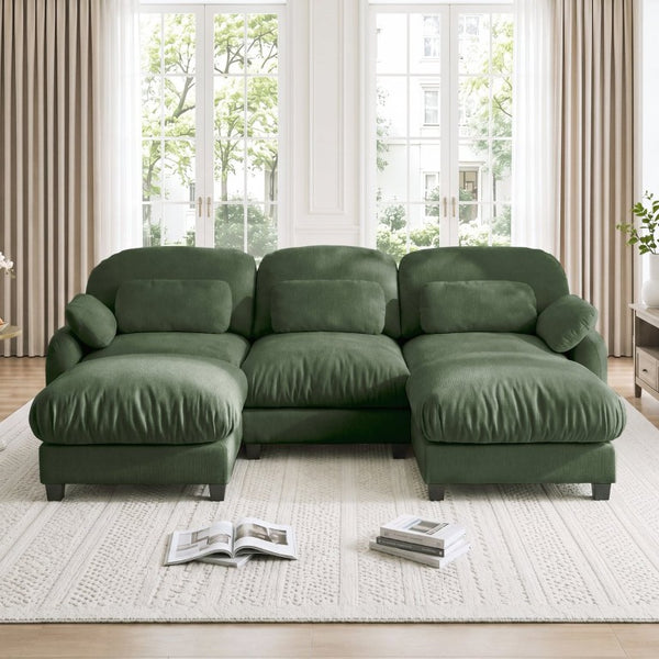 English Elm 3 Seater Chenille U-Shaped Modular Sofa with Removable Ottomans for Large Living Rooms Green W714S02054