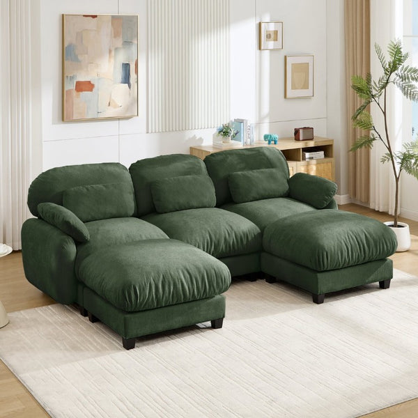 English Elm 3 Seater Chenille U-Shaped Modular Sofa with Removable Ottomans for Large Living Rooms Green W714S02054