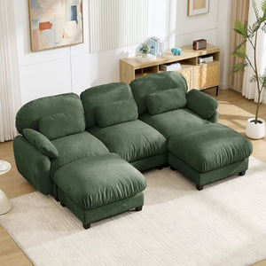 English Elm 3 Seater Chenille U-Shaped Modular Sofa with Removable Ottomans for Large Living Rooms Green W714S02054