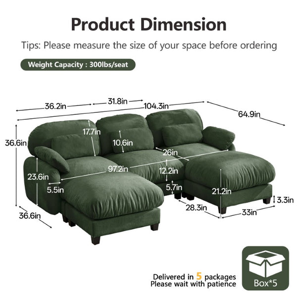 English Elm 3 Seater Chenille U-Shaped Modular Sofa with Removable Ottomans for Large Living Rooms Green W714S02054
