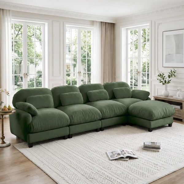 English Elm 4 Seat Modular Chenille Sectional Sofa with Detachable Ottoman for Modern Living Rooms Green W714S02056