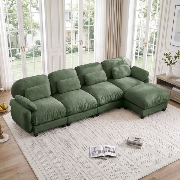 English Elm 4 Seat Modular Chenille Sectional Sofa with Detachable Ottoman for Modern Living Rooms Green W714S02056