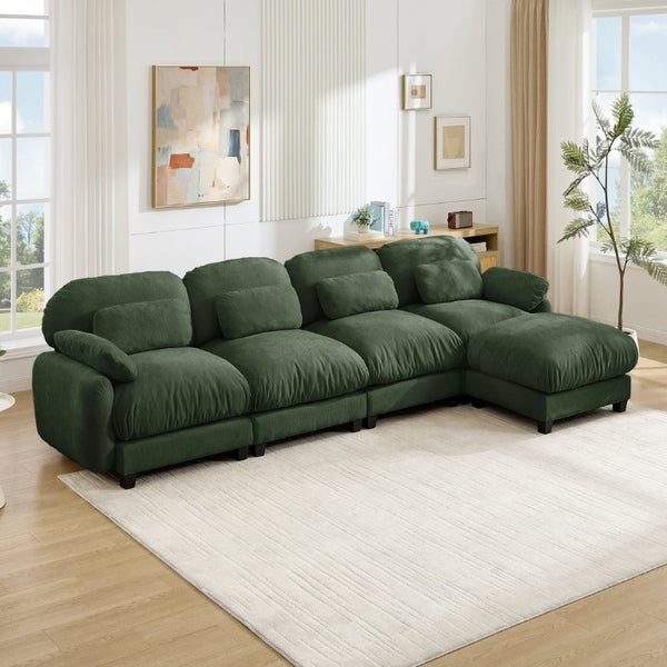 English Elm 4 Seat Modular Chenille Sectional Sofa with Detachable Ottoman for Modern Living Rooms Green W714S02056