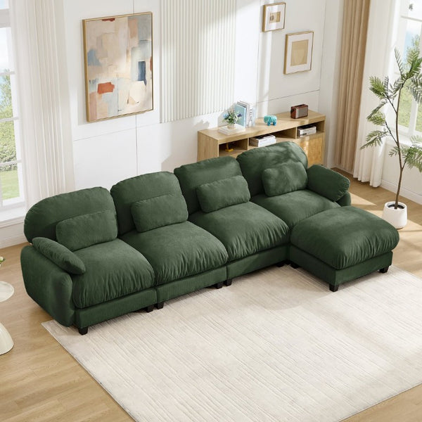English Elm 4 Seat Modular Chenille Sectional Sofa with Detachable Ottoman for Modern Living Rooms Green W714S02056