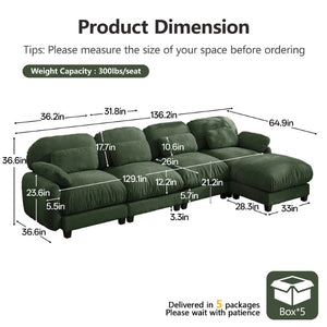 English Elm 4 Seat Modular Chenille Sectional Sofa with Detachable Ottoman for Modern Living Rooms Green W714S02056