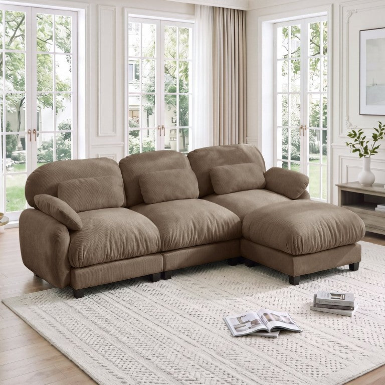 English Elm 3 Seat Modular Cloud Sectional Sofa with Movable Ottoman in Plush Chenille Fabric Brown W714S02062